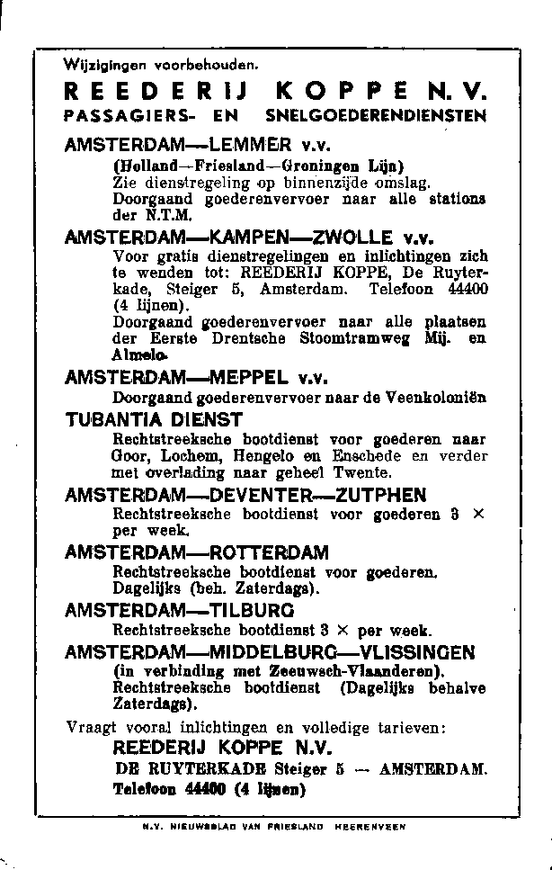 achterblad dienstregeling 19 juni 1944